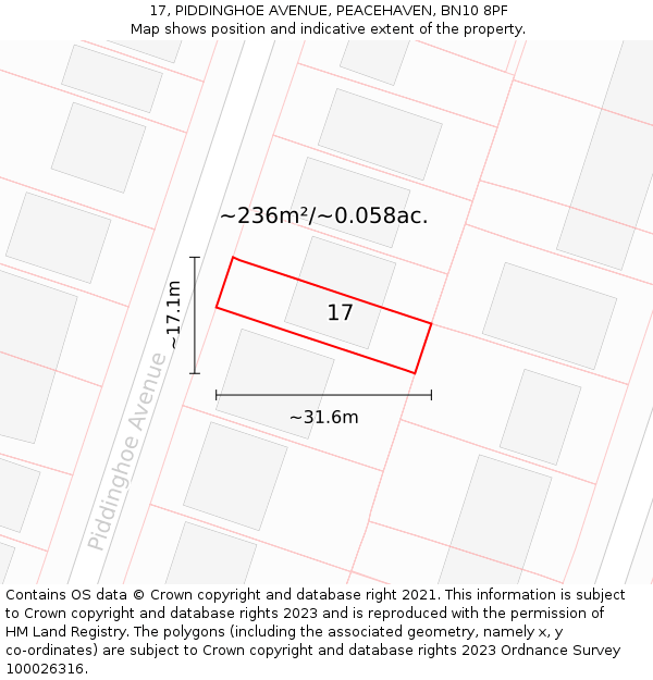 17, PIDDINGHOE AVENUE, PEACEHAVEN, BN10 8PF: Plot and title map