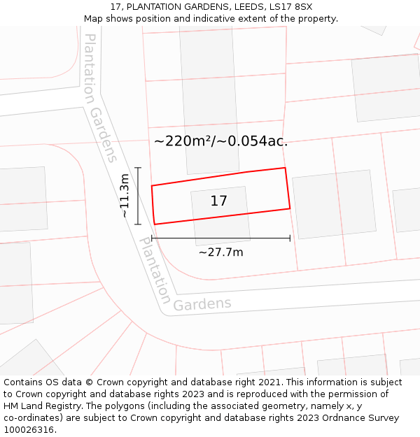 17, PLANTATION GARDENS, LEEDS, LS17 8SX: Plot and title map