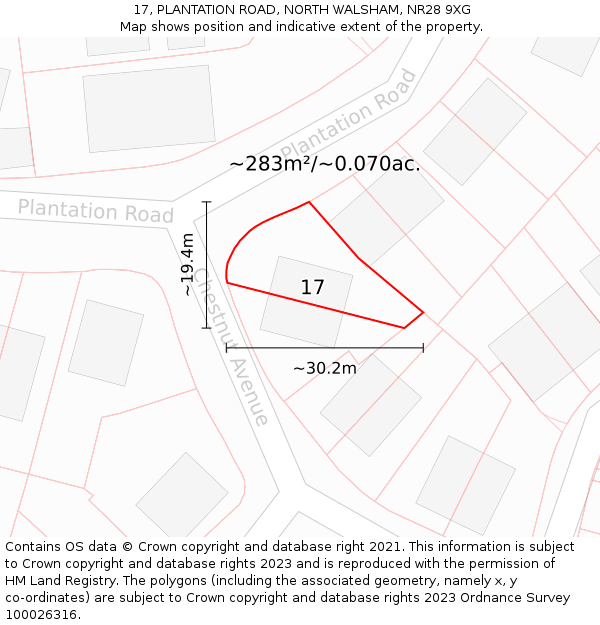 17, PLANTATION ROAD, NORTH WALSHAM, NR28 9XG: Plot and title map