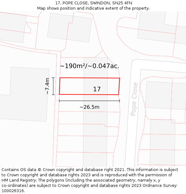 17, POPE CLOSE, SWINDON, SN25 4FN: Plot and title map