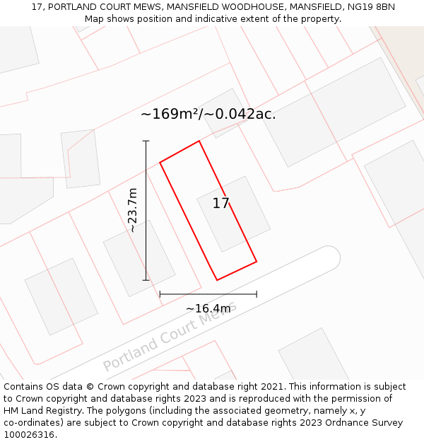 17, PORTLAND COURT MEWS, MANSFIELD WOODHOUSE, MANSFIELD, NG19 8BN: Plot and title map