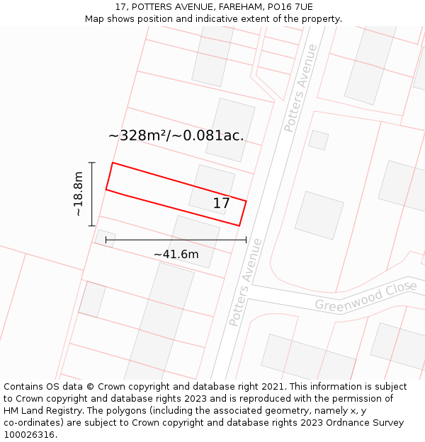 17, POTTERS AVENUE, FAREHAM, PO16 7UE: Plot and title map