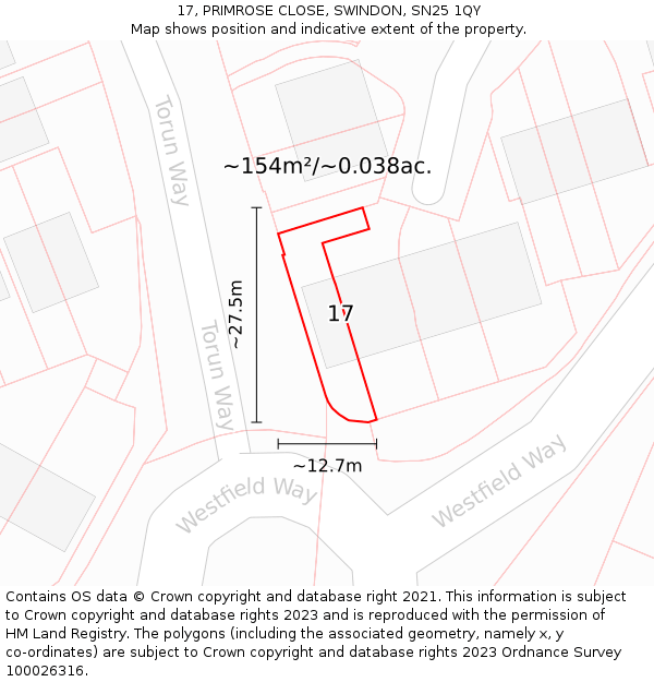 17, PRIMROSE CLOSE, SWINDON, SN25 1QY: Plot and title map