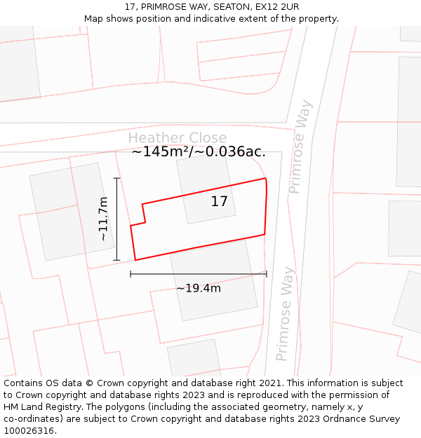 17, PRIMROSE WAY, SEATON, EX12 2UR: Plot and title map