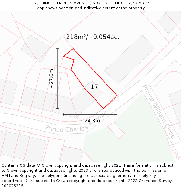 17, PRINCE CHARLES AVENUE, STOTFOLD, HITCHIN, SG5 4PN: Plot and title map