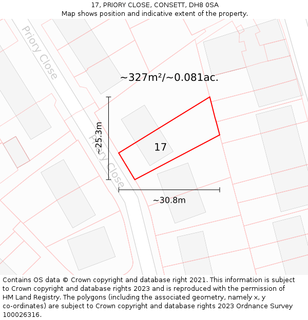 17, PRIORY CLOSE, CONSETT, DH8 0SA: Plot and title map