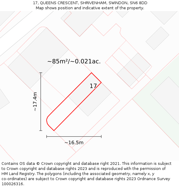 17, QUEENS CRESCENT, SHRIVENHAM, SWINDON, SN6 8DD: Plot and title map