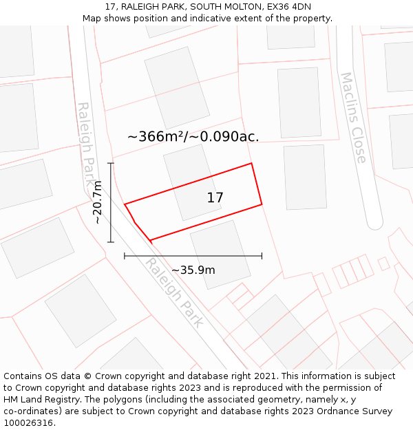 17, RALEIGH PARK, SOUTH MOLTON, EX36 4DN: Plot and title map