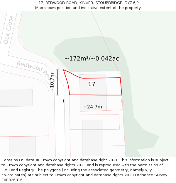 17, REDWOOD ROAD, KINVER, STOURBRIDGE, DY7 6JP: Plot and title map