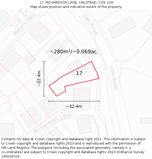 17, RICHARDSON LANE, HALSTEAD, CO9 1GG: Plot and title map