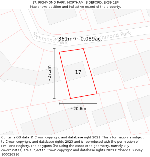 17, RICHMOND PARK, NORTHAM, BIDEFORD, EX39 1EP: Plot and title map