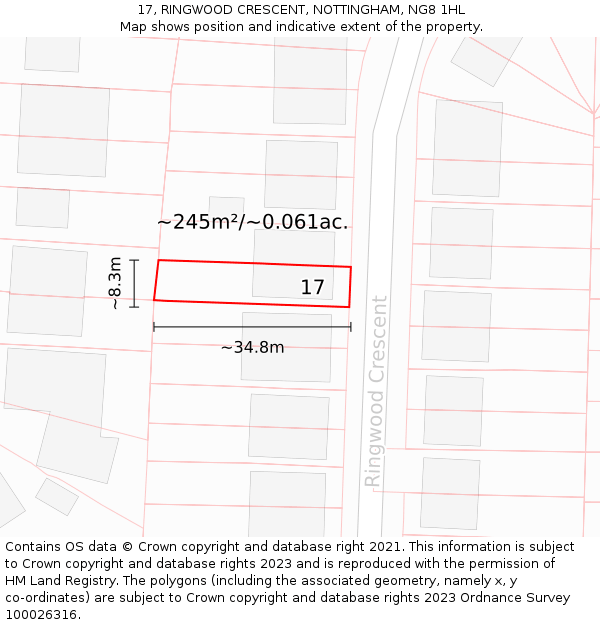 17, RINGWOOD CRESCENT, NOTTINGHAM, NG8 1HL: Plot and title map