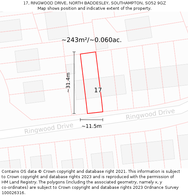 17, RINGWOOD DRIVE, NORTH BADDESLEY, SOUTHAMPTON, SO52 9GZ: Plot and title map
