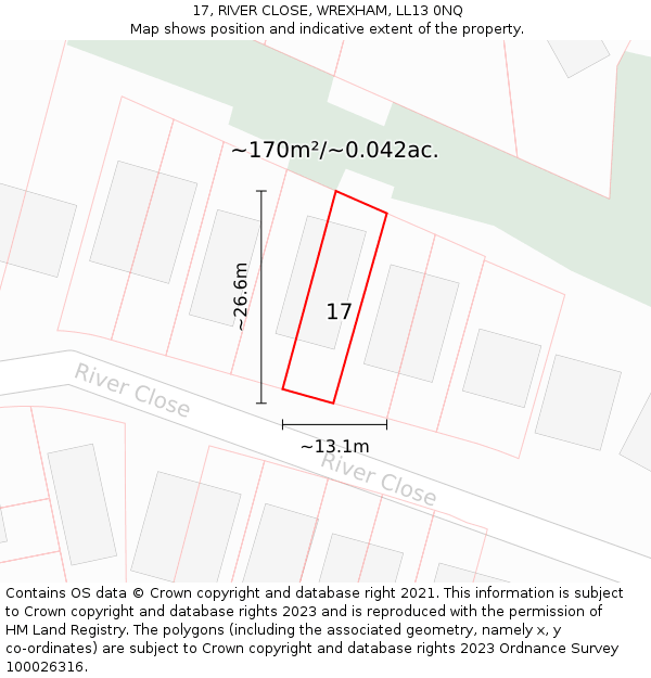 17, RIVER CLOSE, WREXHAM, LL13 0NQ: Plot and title map