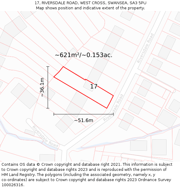 17, RIVERSDALE ROAD, WEST CROSS, SWANSEA, SA3 5PU: Plot and title map