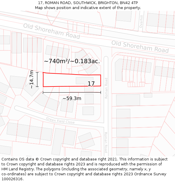 17, ROMAN ROAD, SOUTHWICK, BRIGHTON, BN42 4TP: Plot and title map