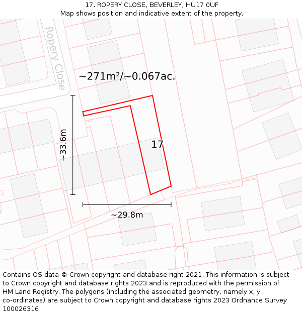 17, ROPERY CLOSE, BEVERLEY, HU17 0UF: Plot and title map