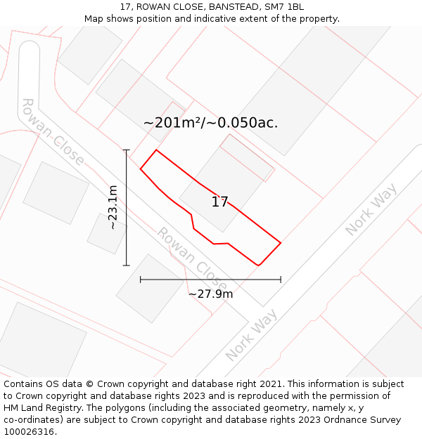 17, ROWAN CLOSE, BANSTEAD, SM7 1BL: Plot and title map