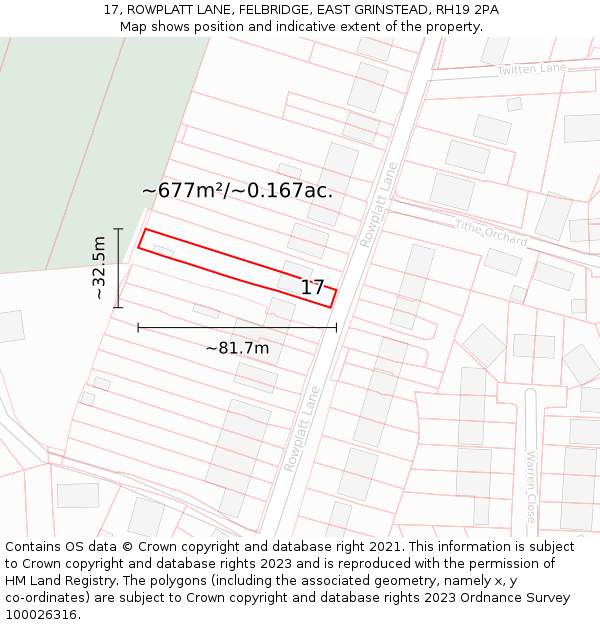 17, ROWPLATT LANE, FELBRIDGE, EAST GRINSTEAD, RH19 2PA: Plot and title map