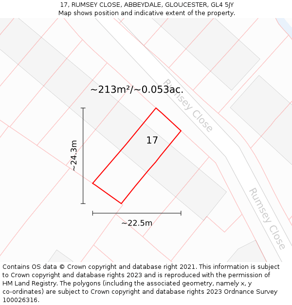 17, RUMSEY CLOSE, ABBEYDALE, GLOUCESTER, GL4 5JY: Plot and title map