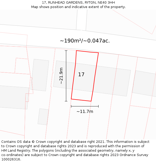 17, RUNHEAD GARDENS, RYTON, NE40 3HH: Plot and title map