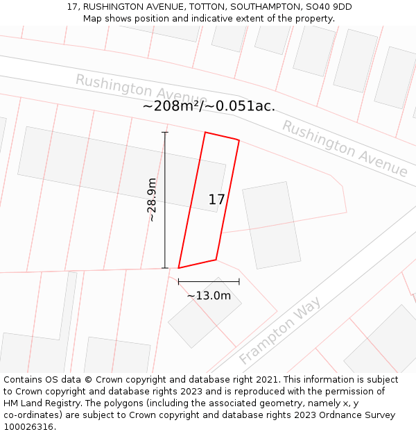 17, RUSHINGTON AVENUE, TOTTON, SOUTHAMPTON, SO40 9DD: Plot and title map