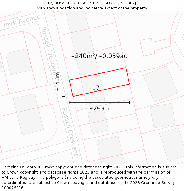 17, RUSSELL CRESCENT, SLEAFORD, NG34 7JF: Plot and title map