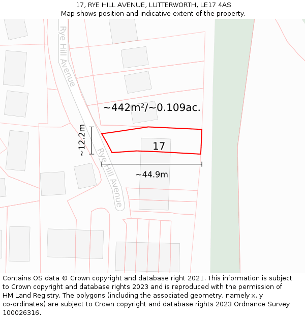 17, RYE HILL AVENUE, LUTTERWORTH, LE17 4AS: Plot and title map