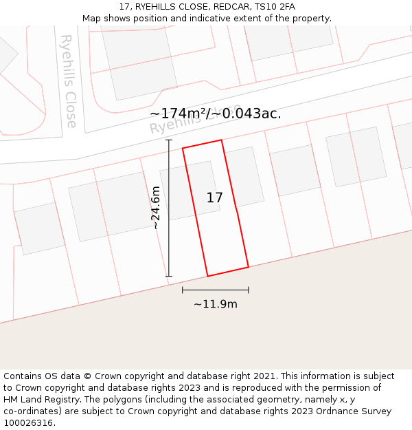 17, RYEHILLS CLOSE, REDCAR, TS10 2FA: Plot and title map