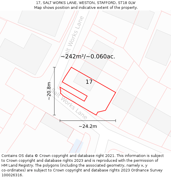 17, SALT WORKS LANE, WESTON, STAFFORD, ST18 0LW: Plot and title map