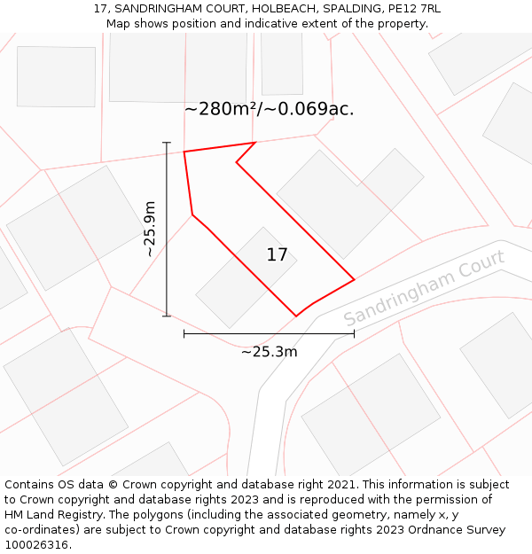 17, SANDRINGHAM COURT, HOLBEACH, SPALDING, PE12 7RL: Plot and title map