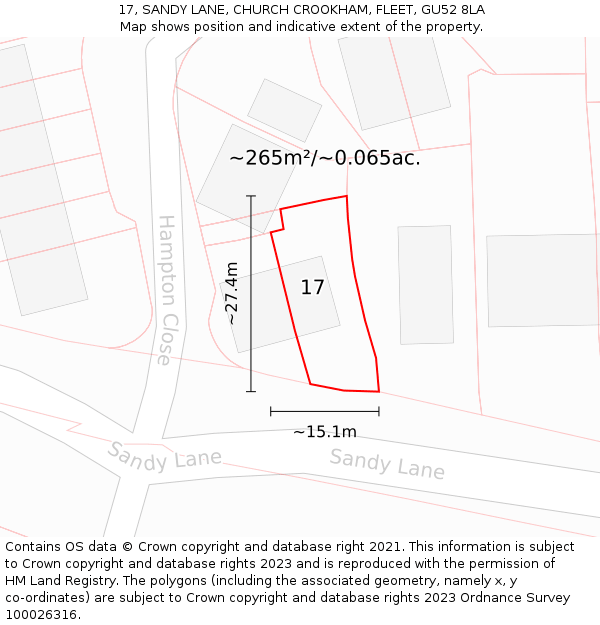 17, SANDY LANE, CHURCH CROOKHAM, FLEET, GU52 8LA: Plot and title map