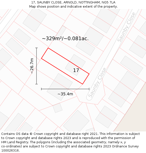 17, SAUNBY CLOSE, ARNOLD, NOTTINGHAM, NG5 7LA: Plot and title map