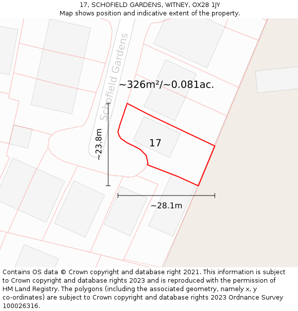 17, SCHOFIELD GARDENS, WITNEY, OX28 1JY: Plot and title map