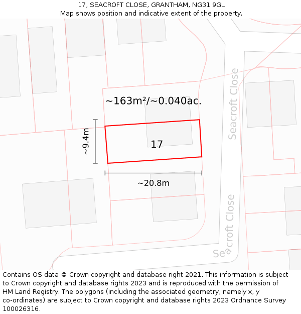 17, SEACROFT CLOSE, GRANTHAM, NG31 9GL: Plot and title map