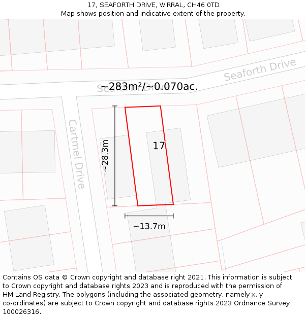 17, SEAFORTH DRIVE, WIRRAL, CH46 0TD: Plot and title map