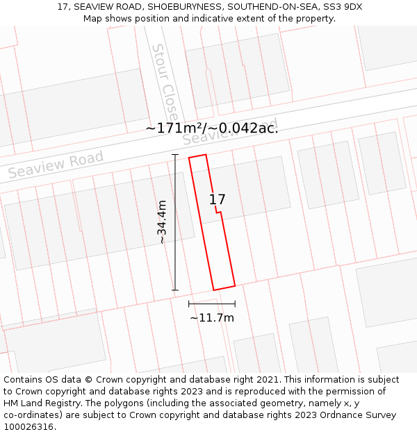 17, SEAVIEW ROAD, SHOEBURYNESS, SOUTHEND-ON-SEA, SS3 9DX: Plot and title map