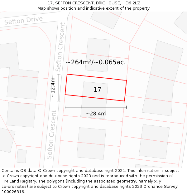 17, SEFTON CRESCENT, BRIGHOUSE, HD6 2LZ: Plot and title map