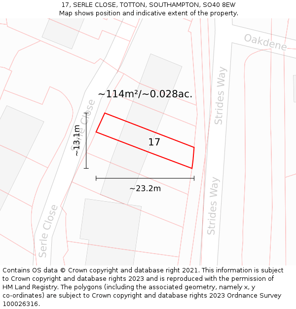 17, SERLE CLOSE, TOTTON, SOUTHAMPTON, SO40 8EW: Plot and title map