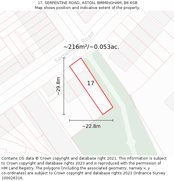 17, SERPENTINE ROAD, ASTON, BIRMINGHAM, B6 6SB: Plot and title map