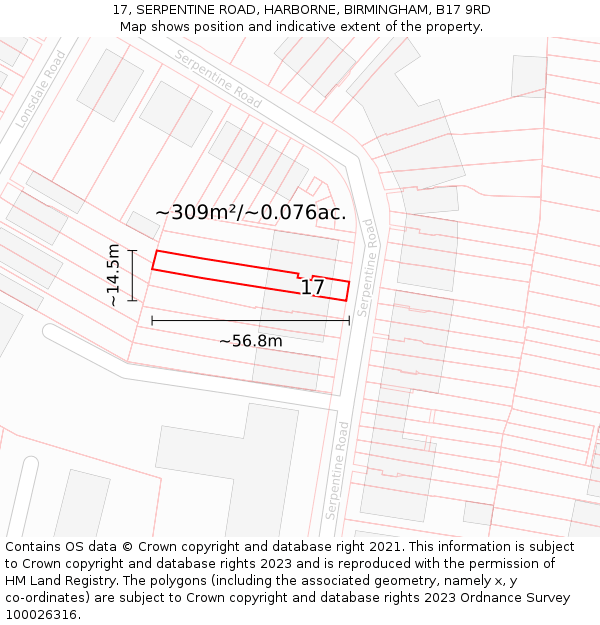 17, SERPENTINE ROAD, HARBORNE, BIRMINGHAM, B17 9RD: Plot and title map