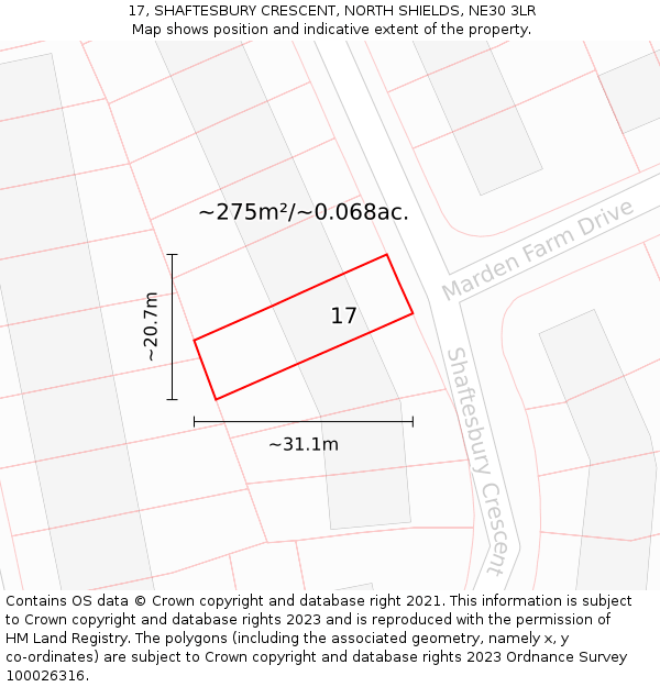 17, SHAFTESBURY CRESCENT, NORTH SHIELDS, NE30 3LR: Plot and title map