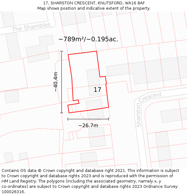 17, SHARSTON CRESCENT, KNUTSFORD, WA16 8AF: Plot and title map