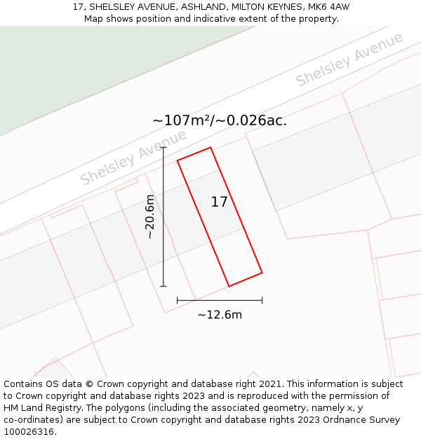 17, SHELSLEY AVENUE, ASHLAND, MILTON KEYNES, MK6 4AW: Plot and title map