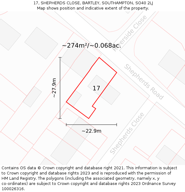 17, SHEPHERDS CLOSE, BARTLEY, SOUTHAMPTON, SO40 2LJ: Plot and title map