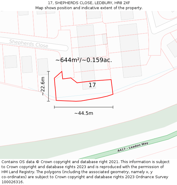 17, SHEPHERDS CLOSE, LEDBURY, HR8 2XF: Plot and title map