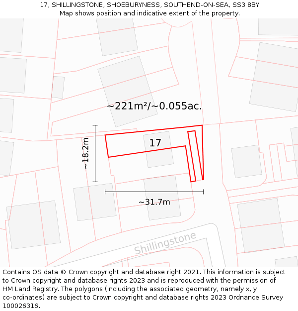 17, SHILLINGSTONE, SHOEBURYNESS, SOUTHEND-ON-SEA, SS3 8BY: Plot and title map