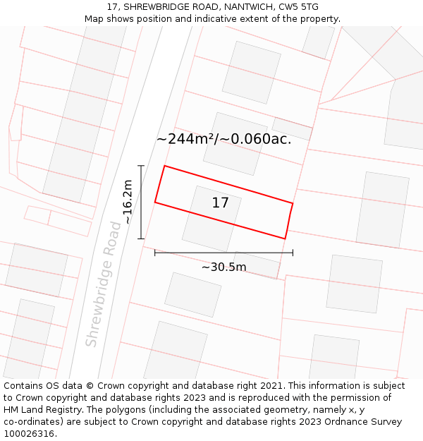 17, SHREWBRIDGE ROAD, NANTWICH, CW5 5TG: Plot and title map