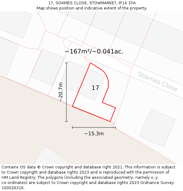 17, SOAMES CLOSE, STOWMARKET, IP14 1PA: Plot and title map