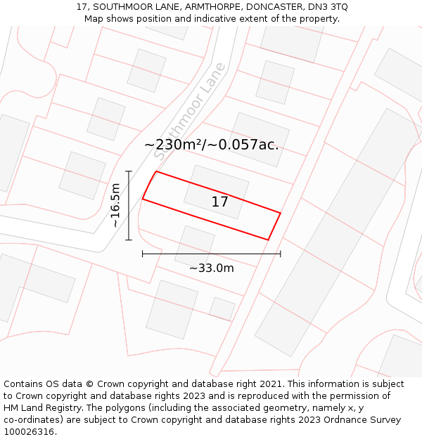 17, SOUTHMOOR LANE, ARMTHORPE, DONCASTER, DN3 3TQ: Plot and title map